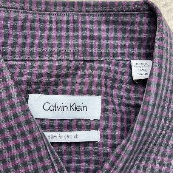 Calvin Klein Shirt Mens Size 16.5 34/35 Purple Gingham Slim Stretch Button Down - Picture 5 of 9